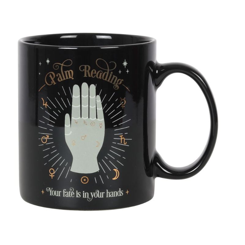 Elegant ceramic mug featuring palm reading illustration in white and gold, 350ml capacity, microwave and dishwasher safe.