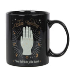 Elegant ceramic mug featuring palm reading illustration in white and gold, 350ml capacity, microwave and dishwasher safe.