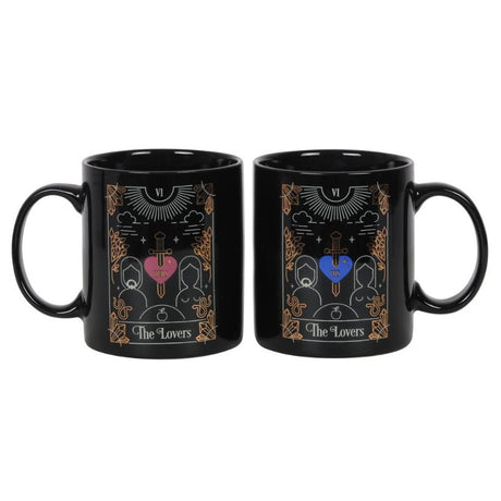 Couples ceramic mug set with 'The Lovers' tarot design, ideal for sharing coffee or tea, dishwasher and microwave safe.