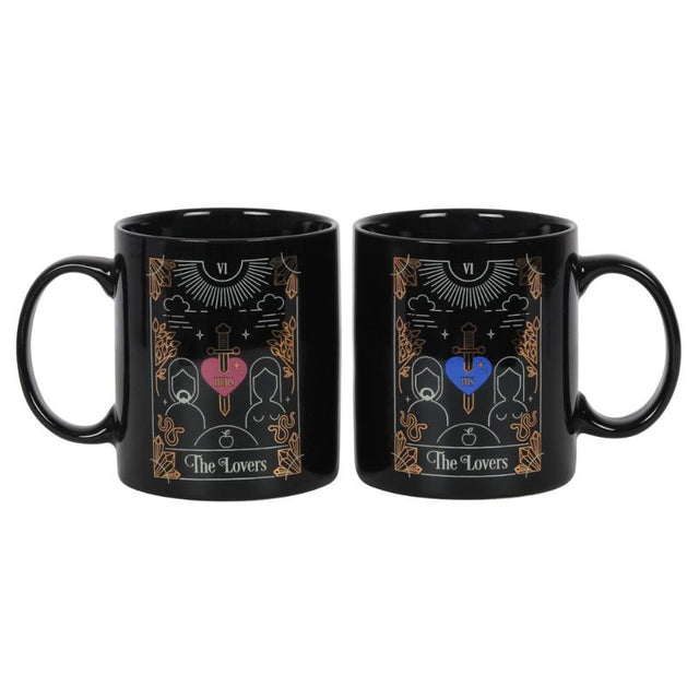 Couples ceramic mug set with 'The Lovers' tarot design, ideal for sharing coffee or tea, dishwasher and microwave safe.