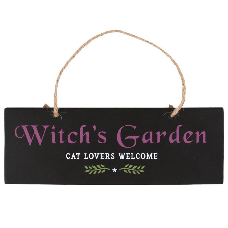 Witch's Garden Hanging Sign featuring 'Cat lovers welcome' text, adorned with a delicate leaf design for whimsical outdoor decor.