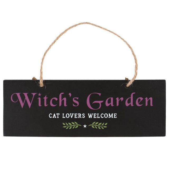 Witch's Garden Hanging Sign featuring 'Cat lovers welcome' text, adorned with a delicate leaf design for whimsical outdoor decor.