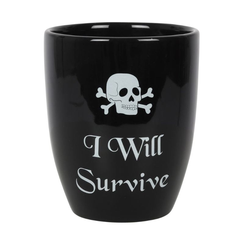 Gothic ceramic plant pot with "I Will Survive" slogan, skull design, perfect for indoor plants, 14.3 cm height.