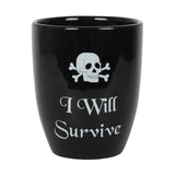 Gothic ceramic plant pot with "I Will Survive" slogan, skull design, perfect for indoor plants, 14.3 cm height.