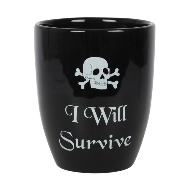 Gothic ceramic plant pot with "I Will Survive" slogan, skull design, perfect for indoor plants, 14.3 cm height.