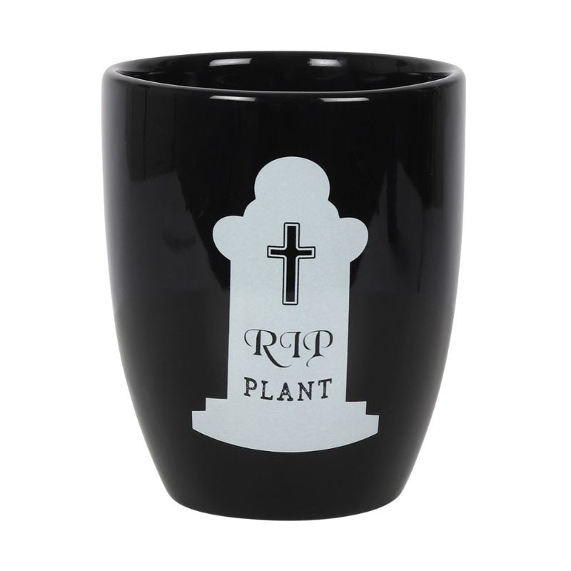 Gothic ceramic plant pot with tombstone shape and 'RIP plant' text, perfect for quirky home decor and plant lovers.