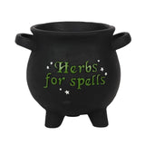 Large cauldron-shaped plant pot with 'Herbs for spells' text and stars, perfect for green witches and magical gardens.