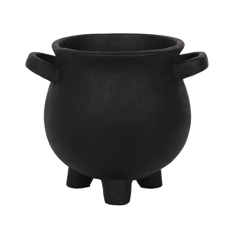 Large resin cauldron-shaped plant pot with 'Herbs for spells' text and star accents, perfect for green witches' gardens.