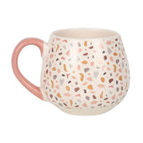 Terrazzo Print Rounded Ceramic Mug with pastel colors and pink handle, perfect for stylish coffee and tea enjoyment.