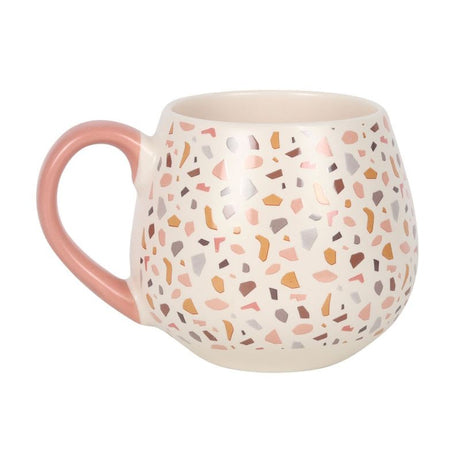 Terrazzo Print Rounded Ceramic Mug with pastel colors and pink handle, perfect for stylish coffee and tea enjoyment.