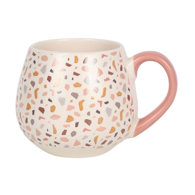 Terrazzo print ceramic mug with pastel speckles and pink handle, perfect for hot beverages and modern decor.