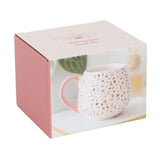 Terrazzo Print Rounded Ceramic Mug with pastel handle, featuring trendy speckles, perfect for hot beverages and gifting.