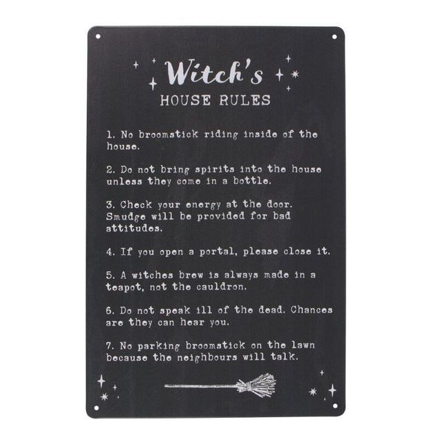 Whimsical metal sign featuring seven humorous witch rules, ideal for enchanting home decor or as a unique gift.