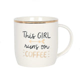 Chic "This Girl Runs on Coffee" mug with elegant gold accents, perfect for coffee lovers; measures 9 x 8.5 cm, handwash only.