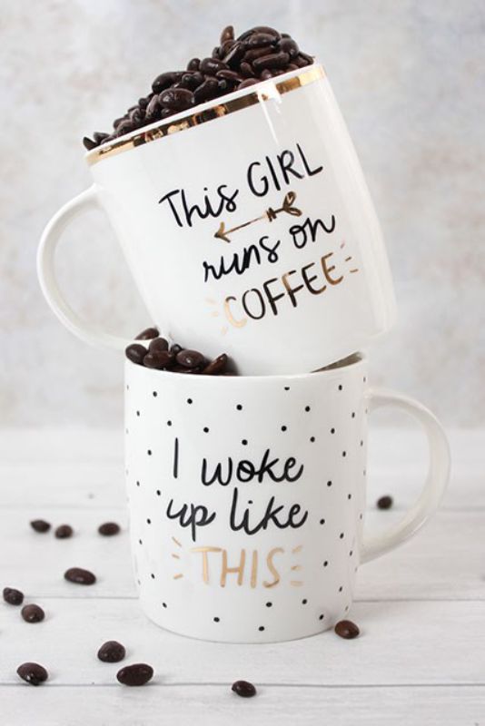 Stylish coffee mug with gold accents, perfect for coffee lovers, part of the Modern Monochrome range, gift-ready in a brown box.