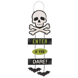 Halloween MDF sign with skull, crossbones, and bats, reading 'Enter If You Dare,' perfect for spooky decor.
