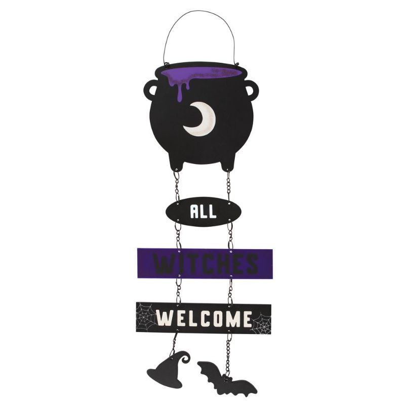 All Witches Welcome Cauldron Chain Sign featuring a bubbling cauldron, witch hat, and bat for Halloween decor.