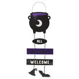 All Witches Welcome Cauldron Chain Sign featuring a bubbling cauldron, witch hat, and bat for Halloween decor.