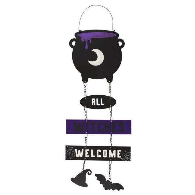 All Witches Welcome Cauldron Chain Sign featuring a bubbling cauldron, witch hat, and bat for Halloween decor.
