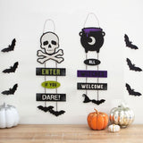 Colorful hanging sign featuring a witch's cauldron, bat, and 'All Witches Welcome' text, perfect for Halloween decor.