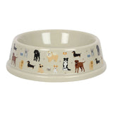 Ceramic dog bowl with charming pet illustrations, perfect for stylish and functional mealtime for dogs of all sizes.