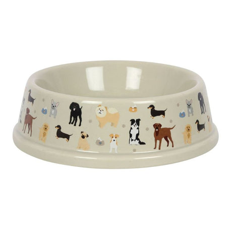 Ceramic dog bowl with charming pet illustrations, perfect for stylish and functional mealtime for dogs of all sizes.