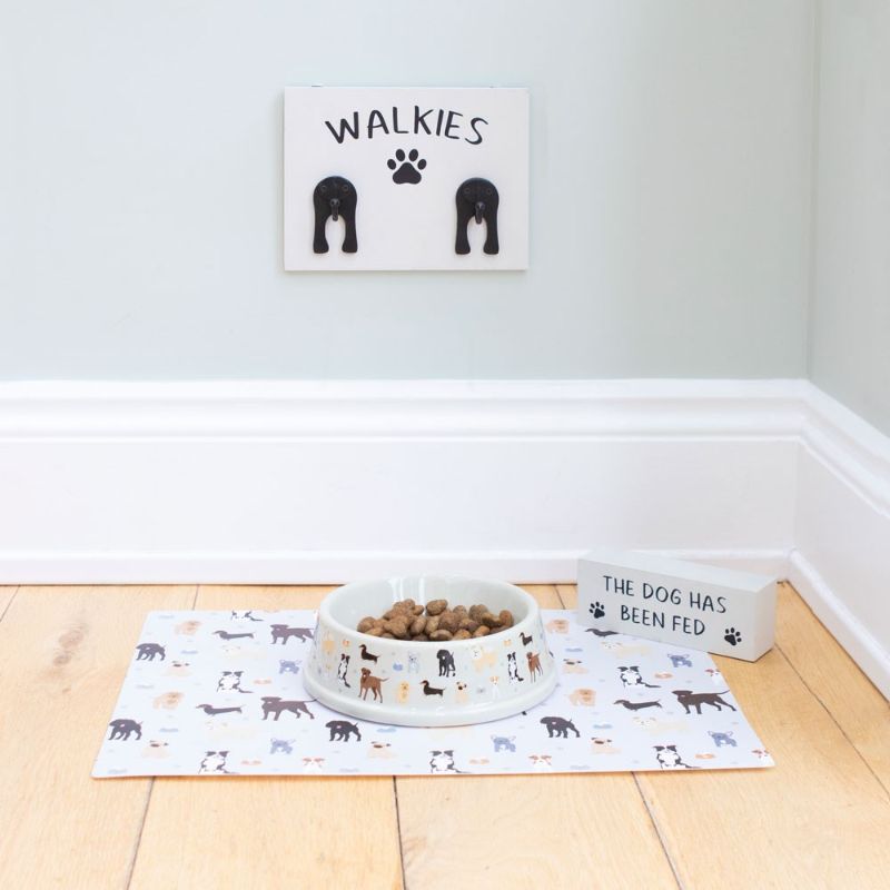 Ceramic dog food bowl with charming dog illustrations, measuring 5.7 cm high, perfect for stylish pet dining.