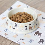 Ceramic dog bowl with charming pet illustrations, perfect for stylish and functional mealtimes for dogs of all sizes.