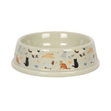 Ceramic cat food bowl featuring charming feline illustrations, perfect for stylish pet dining at 14.8 cm wide.