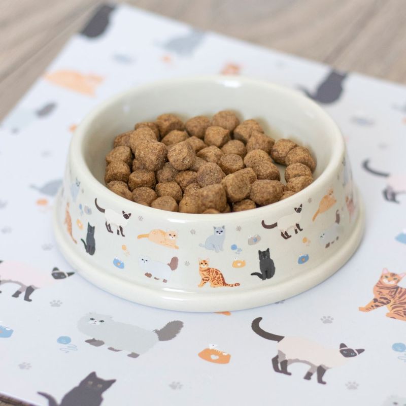 Ceramic cat food bowl featuring adorable feline illustrations, perfect for stylishly serving food and water.
