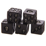 Pack of 5 black polyhedral dice featuring bold white numbers and a striking skull design, perfect for enhancing tabletop gaming.