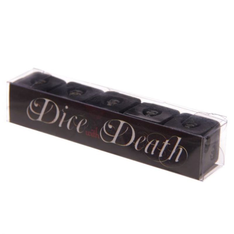 Black Skull Dice pack of 5 featuring gothic skull design and bold white numbers for tabletop gaming adventures.