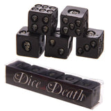 Pack of 5 black polyhedral dice featuring bold white skull designs, perfect for RPG gameplay and stylish gaming accessories.