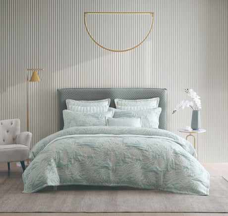 Queen Duvet Cover Set in Tallow Mist features botanical patterns, soft yarn-dyed cotton, and reversible design for versatile style.