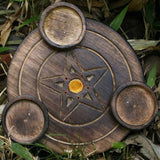 Round 6-inch pentacle incense and tealight burner, handcrafted from mango wood with an antique finish, ideal for meditation.