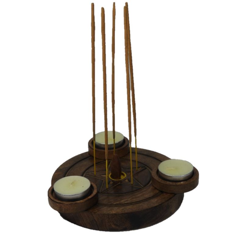 Pentacle incense and tealight burner, 6-inch mango wood holder with antique finish and three tealight slots for a calming atmosphere.