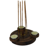 Pentacle incense and tealight burner, 6-inch mango wood holder with antique finish and three tealight slots for a calming atmosphere.