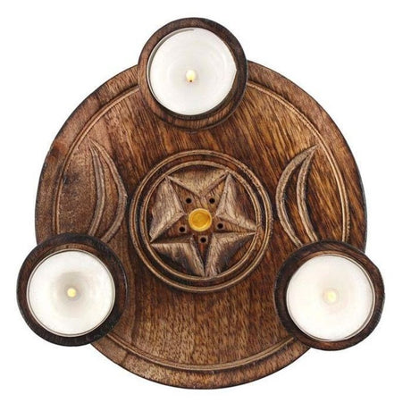 Round Triple Moon incense and tealight burner, handcrafted from mango wood, featuring three candle holders for relaxation.