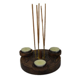 Triple Moon Incense/Tealight Burner in mango wood, 6.5-inch, with three tealight holders for relaxation and meditation.