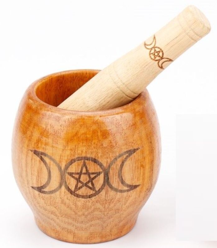 Magic Pestle & Mortar featuring Triple Goddess motifs, perfect for grinding herbs and enhancing your rituals (13cm).