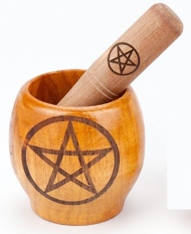 Magic Pestle & Mortar with intricate pentacle design, perfect for grinding herbs and spices in spiritual practices, diameter 13cm.