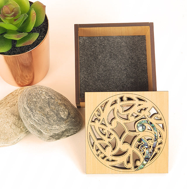 Elegant square trinket box with intricate Paua inlay, made from premium NZ veneer, perfect for organizing small treasures.