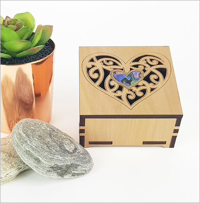 Heart-shaped square trinket box with paua inlay, crafted from NZ veneer, perfect for jewelry and keepsakes.