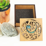 Square trinket box featuring intricate paua inlays, crafted from NZ veneer, ideal for jewelry and small keepsakes.