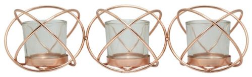 Sleek tealight holder with a metal frame and three copper-finished glass holders, perfect for elegant home decor.