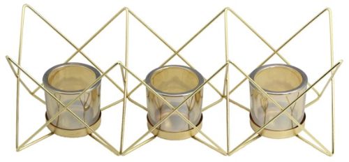 Elegant tealight holder with a diamond-shaped metal frame and three glass candle holders, perfect for creating ambiance.