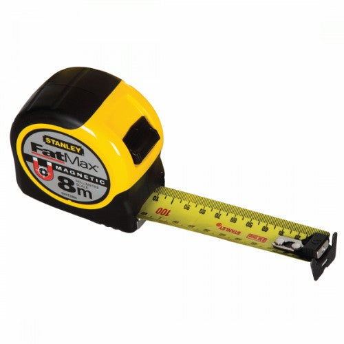 STANLEY Tape Measure 8m x 25mm with high-contrast blade, 2.1m standout, thumb lock, and durable non-slip grip.