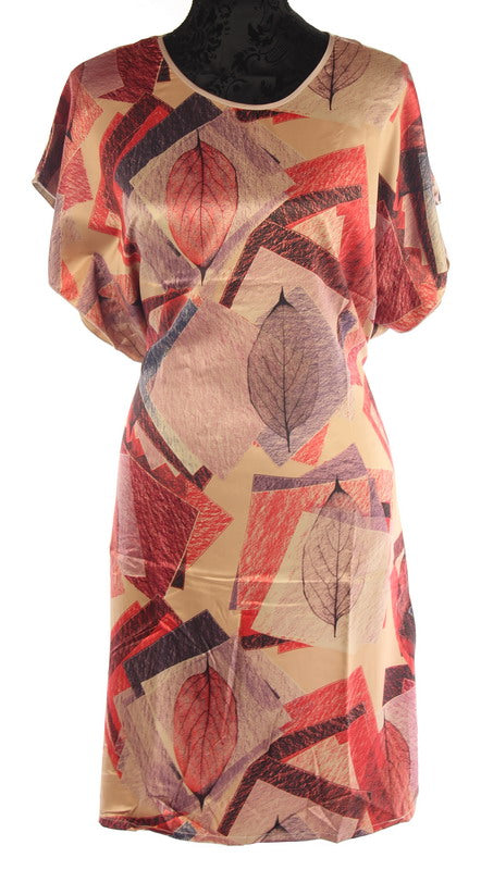 Satin peach taupe leaves top with tie belt, featuring chic print and lightweight design for versatile day-to-night wear.