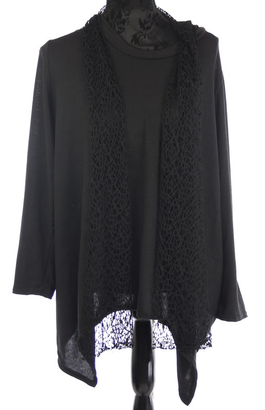 Stylish black top with attached scarf, crafted for comfort and versatility, suitable for casual or dressy occasions.