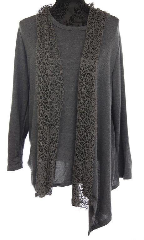 Stylish charcoal top with attached scarf, blending comfort and sophistication, fits up to 110cm chest.